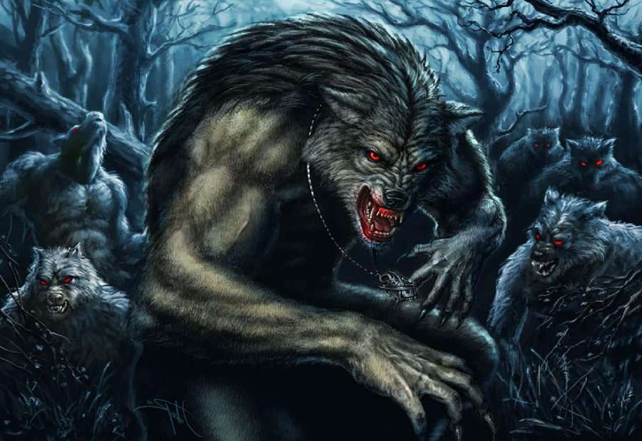 Werewolf pack with glowing red eyes in a dark forest at night. — Werewolf Background