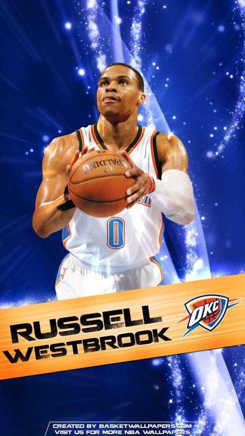 Russell Westbrook in weißem Trikot hält einen Basketball vor einem sternenübersäten blauen Hintergrund. — Westbrook Hintergrundbild