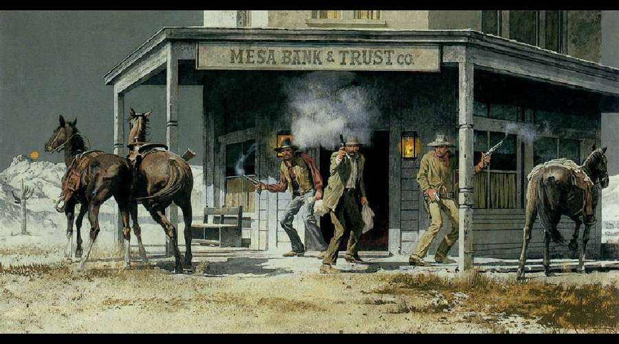 Cowboys firing guns from a bank building with horses in snowy landscape. — Western Background