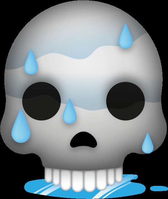 A cartoon skull sweating profusely with blue droplets. — Wet PNG