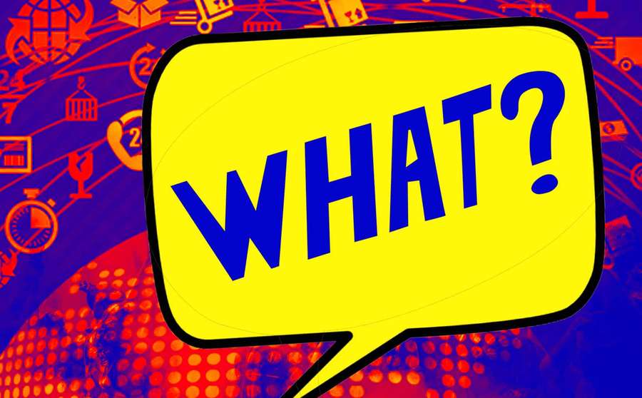 A yellow speech bubble with blue text asking 'WHAT?' against a colorful digital icon background. — What Wallpaper