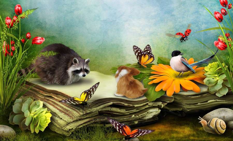 Procione e coniglio su libro aperto con farfalle e uccelli in giardino — Whimsical Sfondi