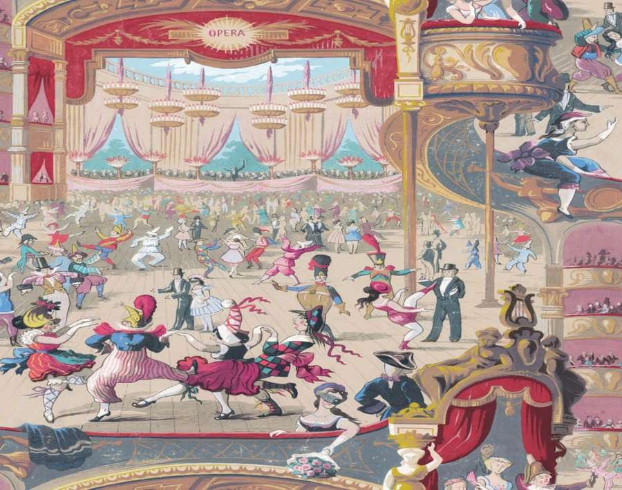 Grand opera house with dancers and audience in ornate costumes. — Whimsical Background