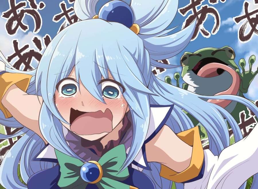 Anime girl with blue hair and frog friend smiling outdoors with Japanese text. — Whining Wallpaper