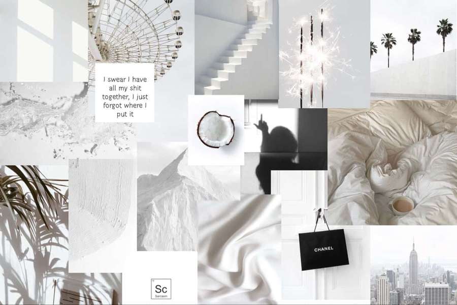 Minimalist collage with white textures palm trees stairs and luxury items. — White Aesthetic Laptop Background