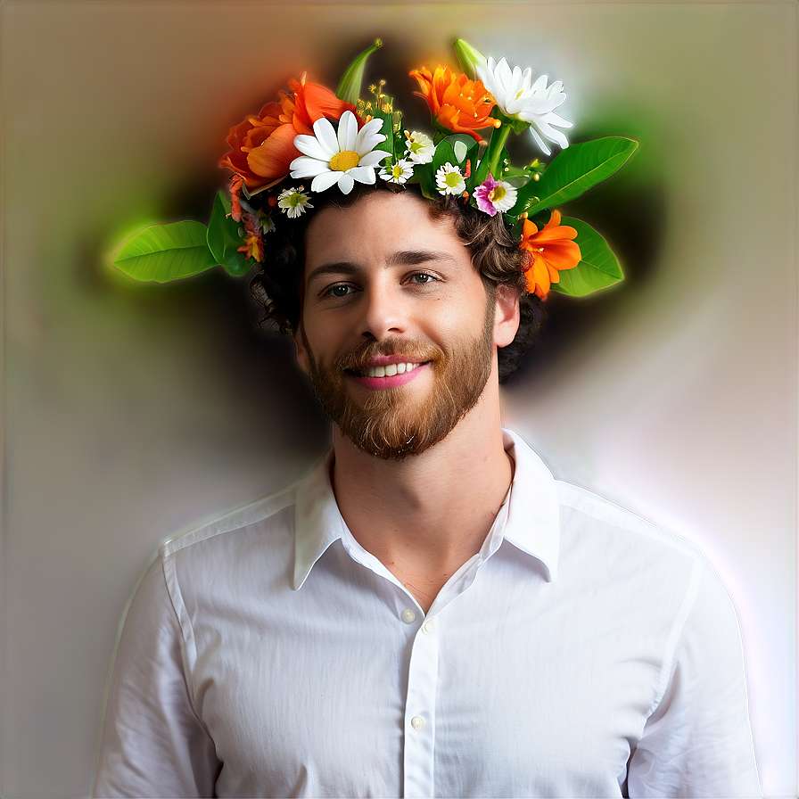 Man with beard wearing colorful flower crown smiling at camera — White Man Background