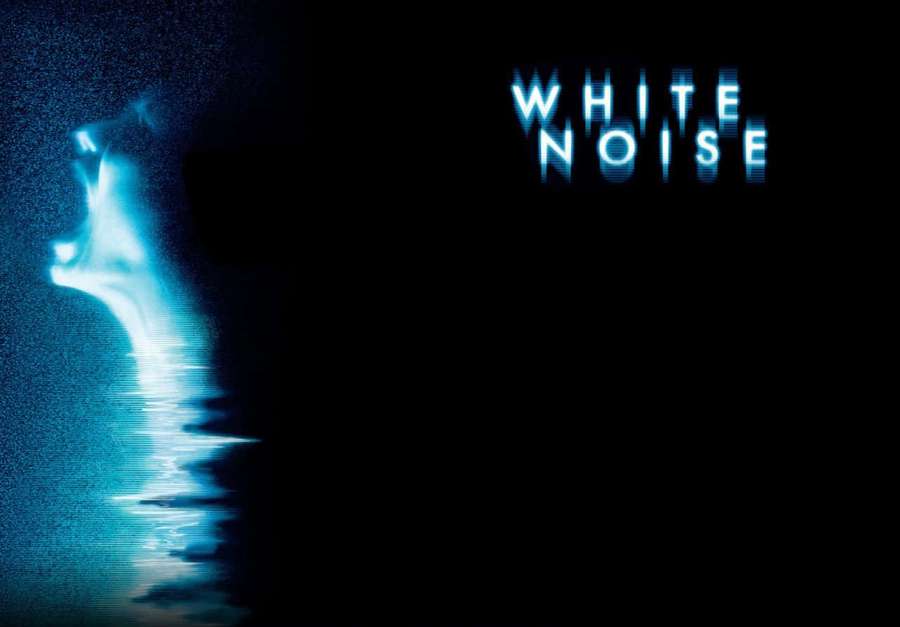 A glowing blue ghostly figure rising from dark water with white noise text. — White Noise Wallpaper