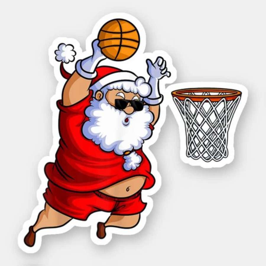 Santa Claus dunking a basketball in a cartoon style. — Whitebeard Picture