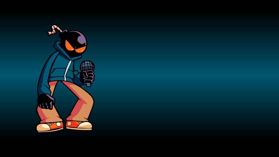 Cartoon character with glowing eyes holding a microphone in dark blue gradient. — Whitty Background