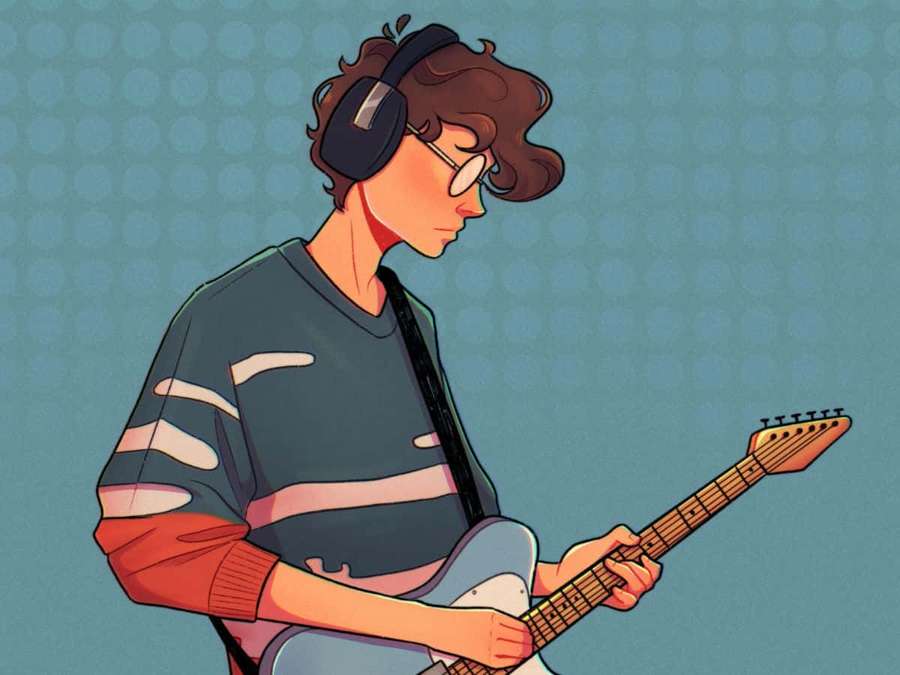 Young musician with glasses and headphones playing electric guitar on teal polka dot background. — Wilbur Soot Background