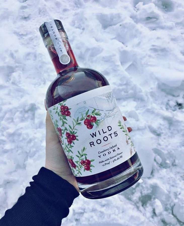 Hand holding cranberry vodka bottle in snow — Wild Roots Wallpaper