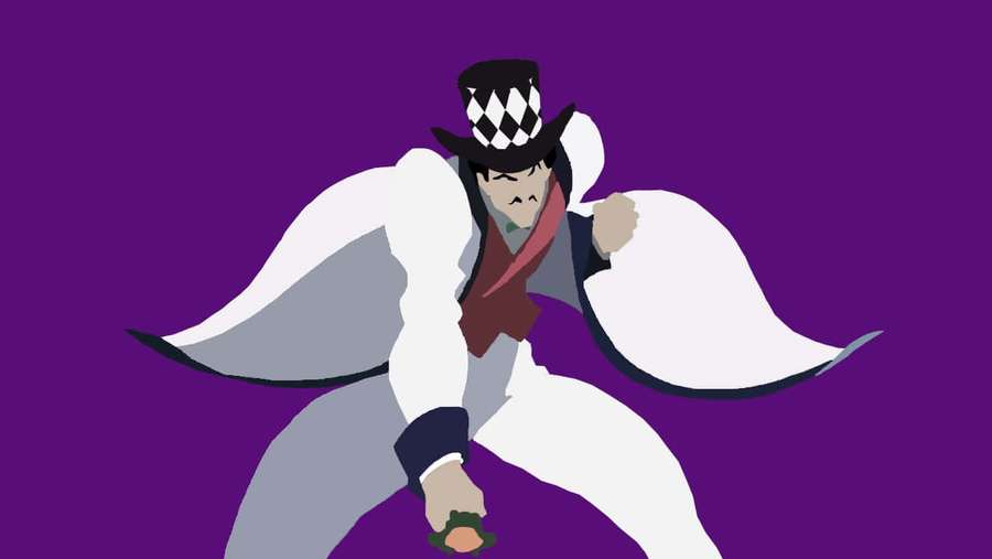 Karakter anime dalam jas putih dan topi tinggi kotak-kotak berpose dinamis dengan latar ungu — Will A Zeppeli Wallpaper