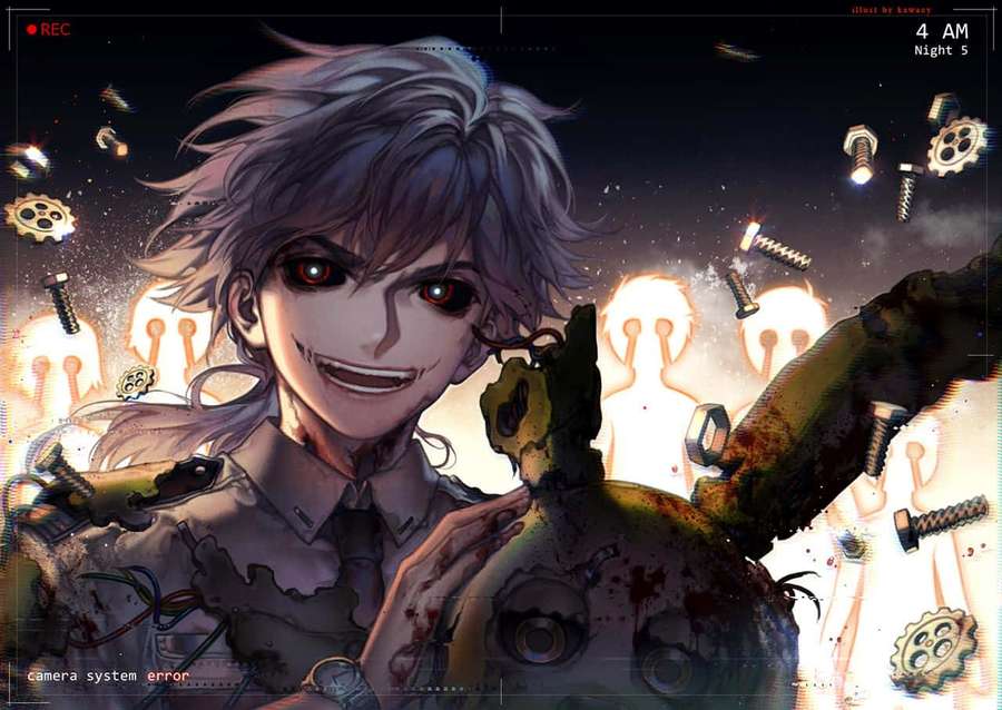 Anime boy with gray hair and red eyes holding a broken mechanical doll against a dark night sky with floating gears. — William Afton Wallpaper