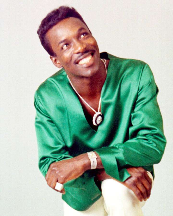 Ein lächelnder Mann mit grünem Hemd und Schmuck in einem Studio-Porträt. — Wilson Pickett Bilder