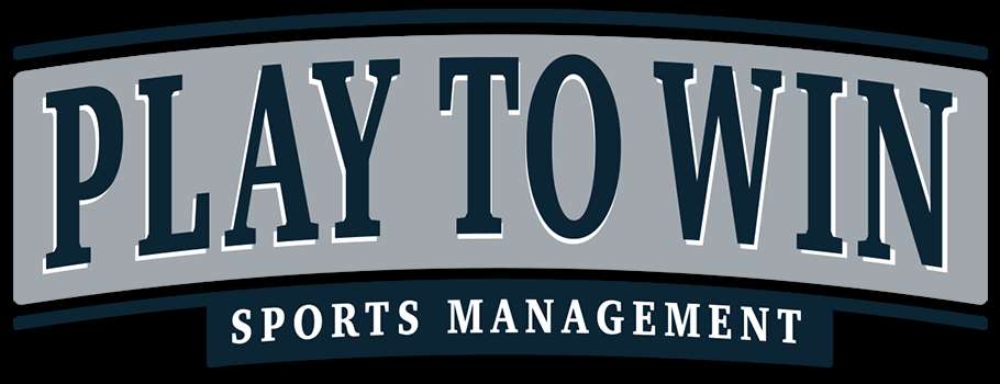 Play to Win Sports Management logo with bold navy text on gray and black banner. — Win PNG