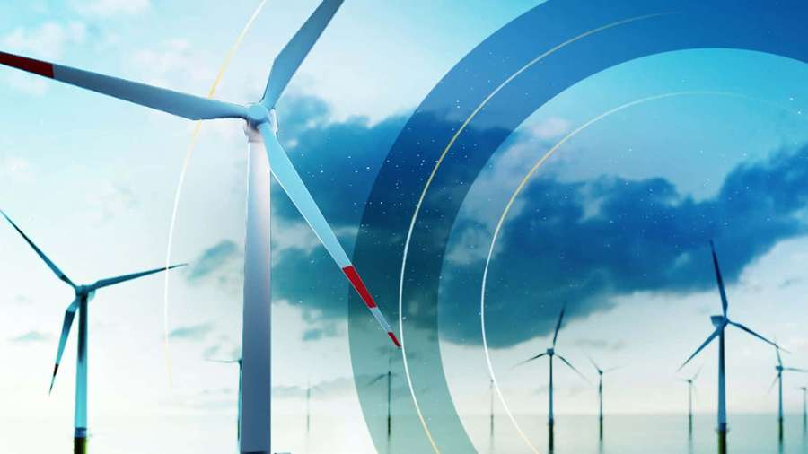 Wind turbines with glowing energy arcs against a cloudy sky — Wind Background