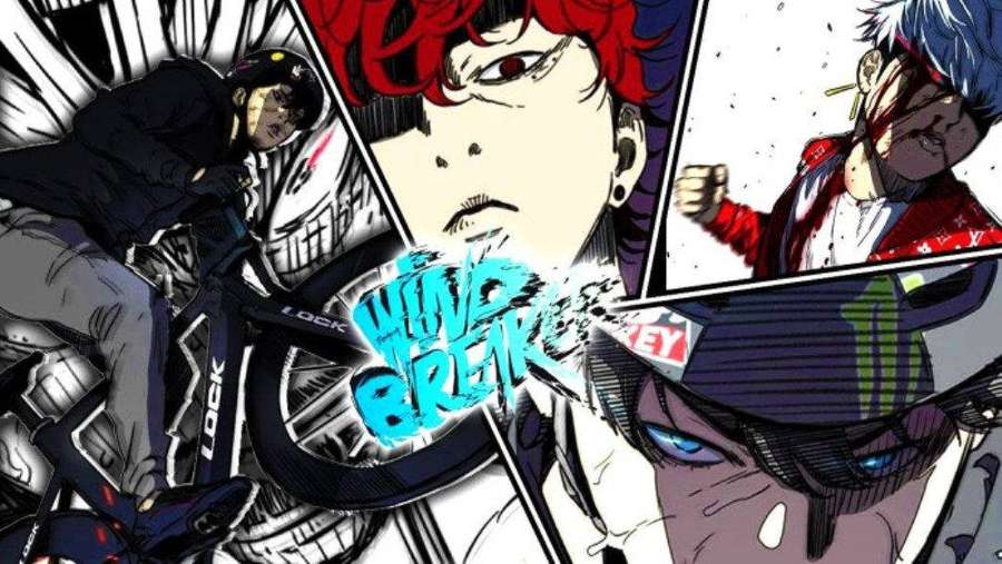 Anime characters riding BMX bikes in a high-energy comic-style action scene. — Wind Breaker Wallpaper