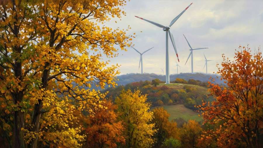 Wind turbines on a hill in autumn with colorful trees. — Wind turbines Picture