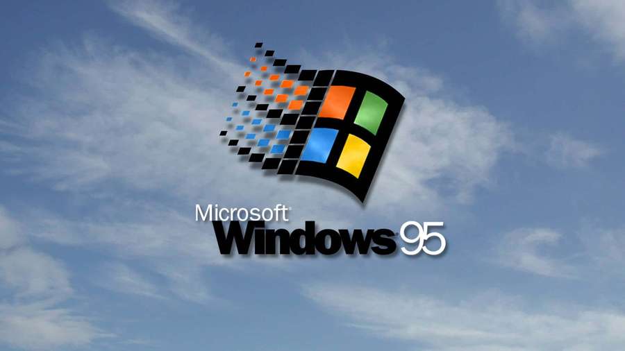 Windows 95 logo floating in a blue sky with clouds — Windows 95 Background
