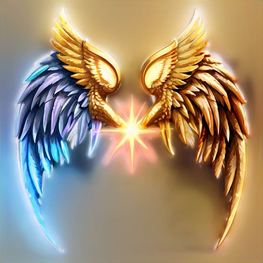 Golden and blue angel wings embracing a bright starburst. — Wing PNG