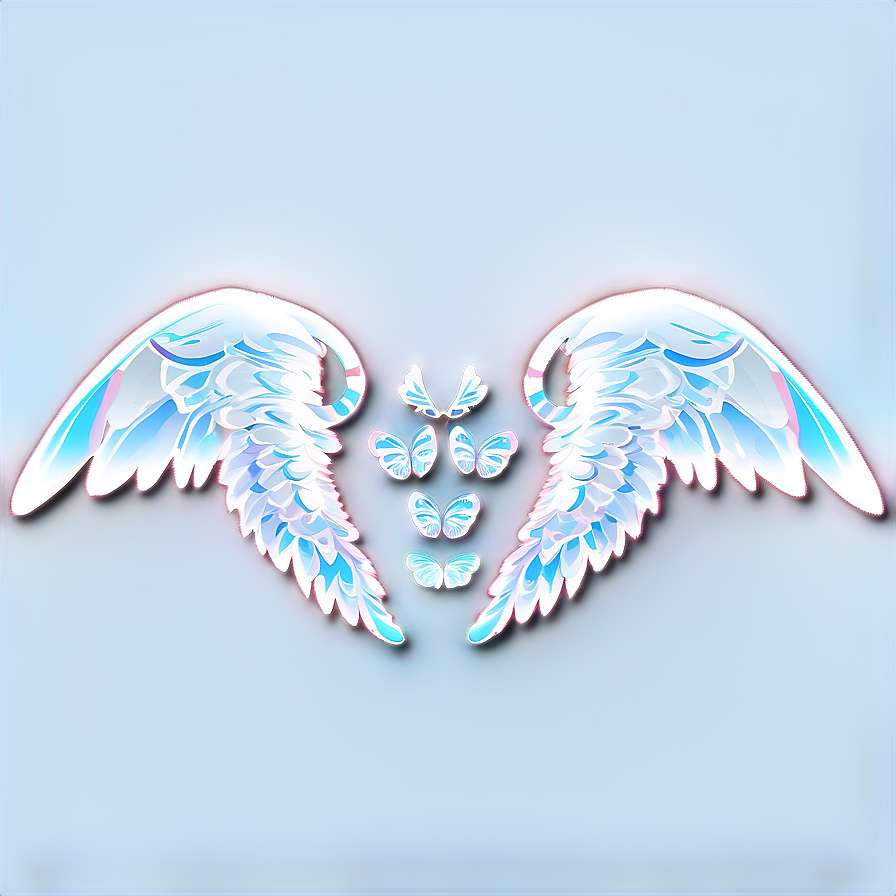 Iridescent angel wings and butterflies glowing softly against a pale blue background. — Wings PNG
