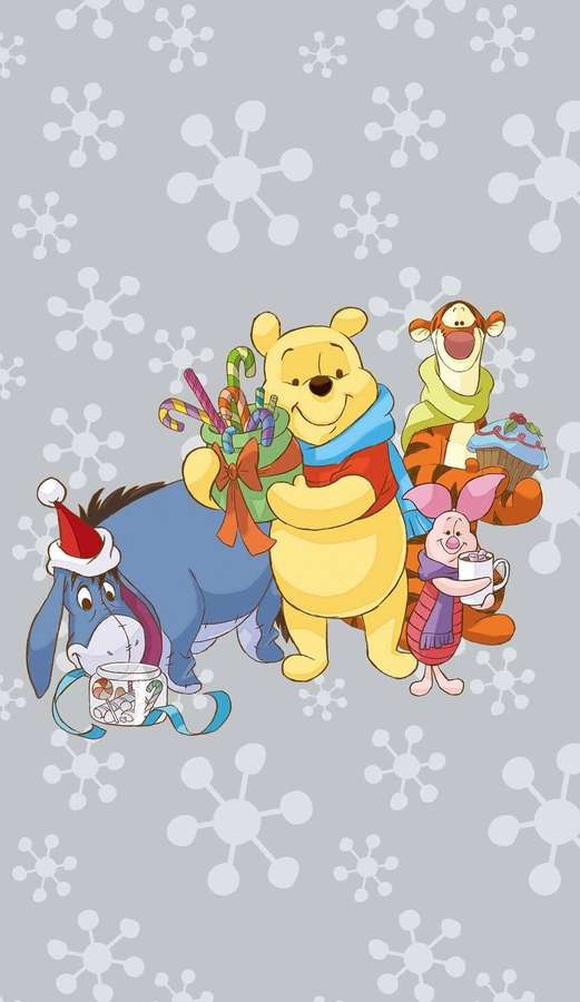 Winnie Puuh und Freunde in Weihnachtskleidung mit Schneeflocken-Hintergrund. — Winnie Puuh Desktop Wallpaper