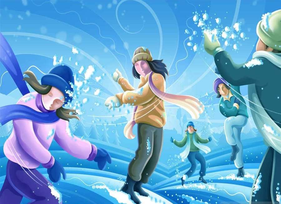 Children playing in snow throwing snowballs outdoors in winter. — Winter Games Wallpaper