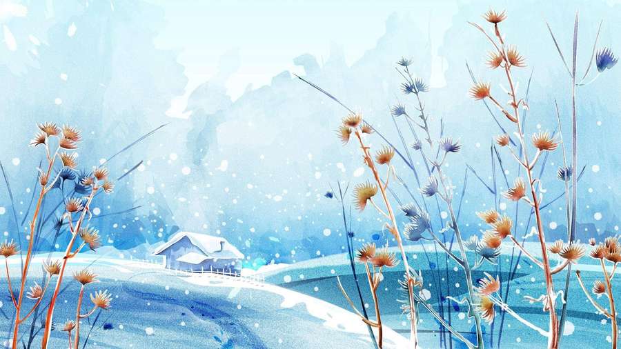 Snowy winter landscape with a small cottage and tall dried flowers in the foreground. — Winter House Background