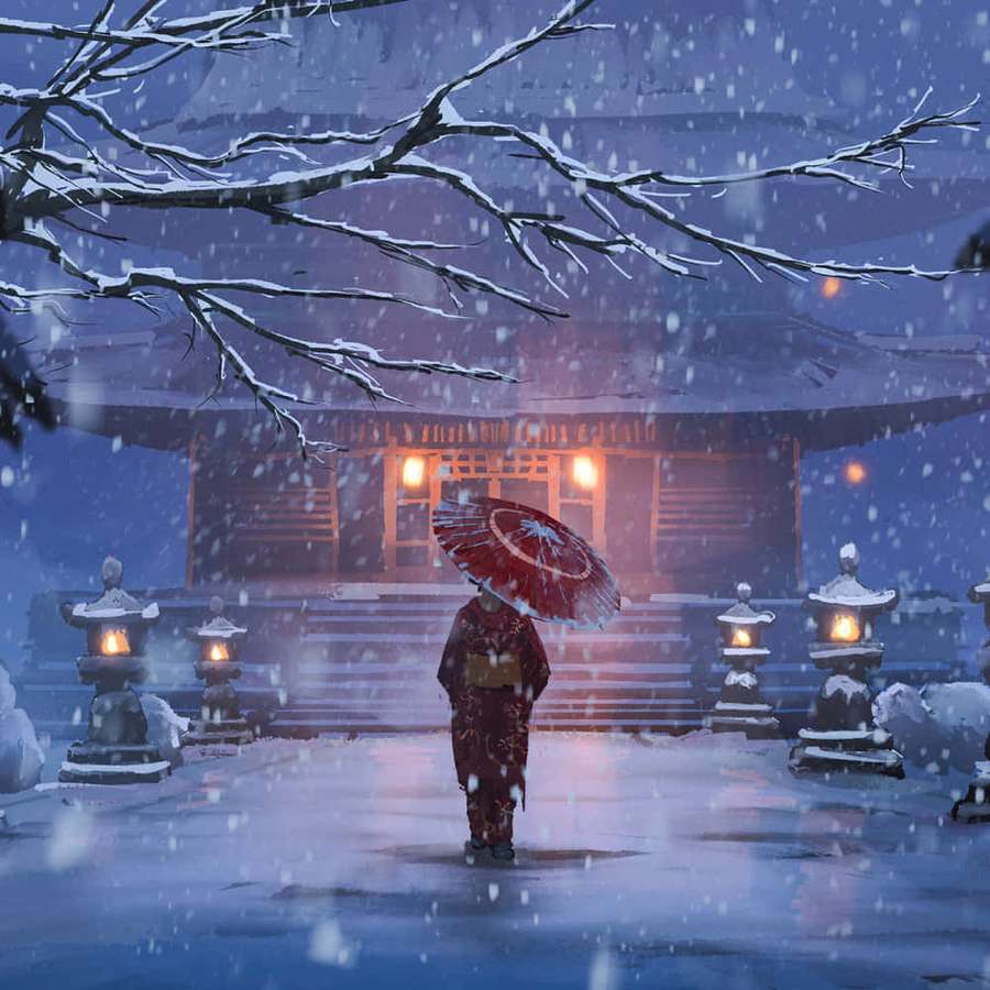 A person in red kimono holding red umbrella walks in snow at snowy temple at night. — Winter Pfp Wallpaper