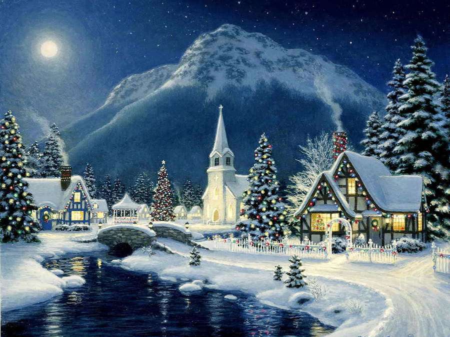 Snowy village with glowing houses and church under a full moon at night. — Winter Scene Background