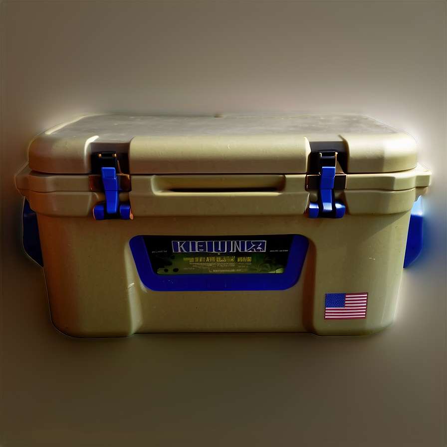 Beige cooler with blue latches and American flag sticker. — Winter Soldier PNG