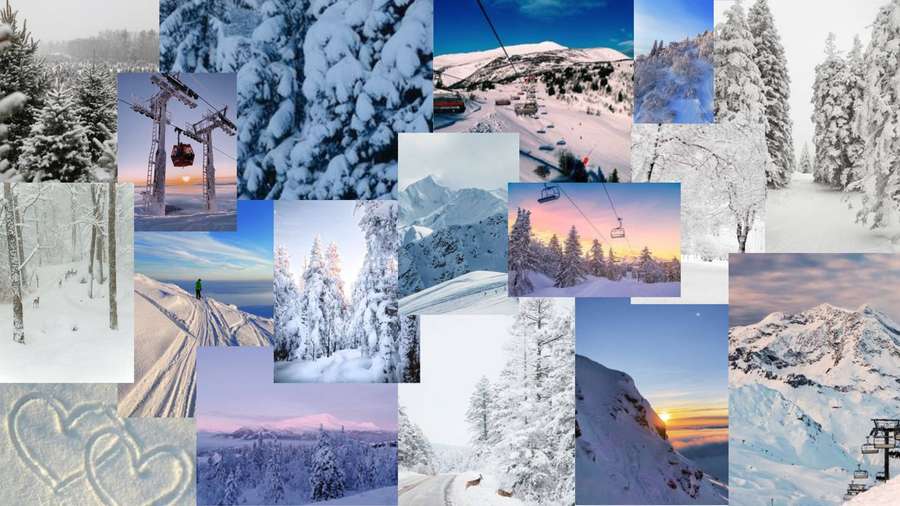 Verschneite Bergcollage mit Skiliften, Bäumen und Sonnenuntergängen — Winterästhetik Wallpaper