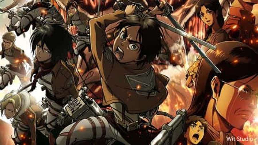 Anime characters in battle gear fighting in fiery explosion. — Wit Studio Wallpaper