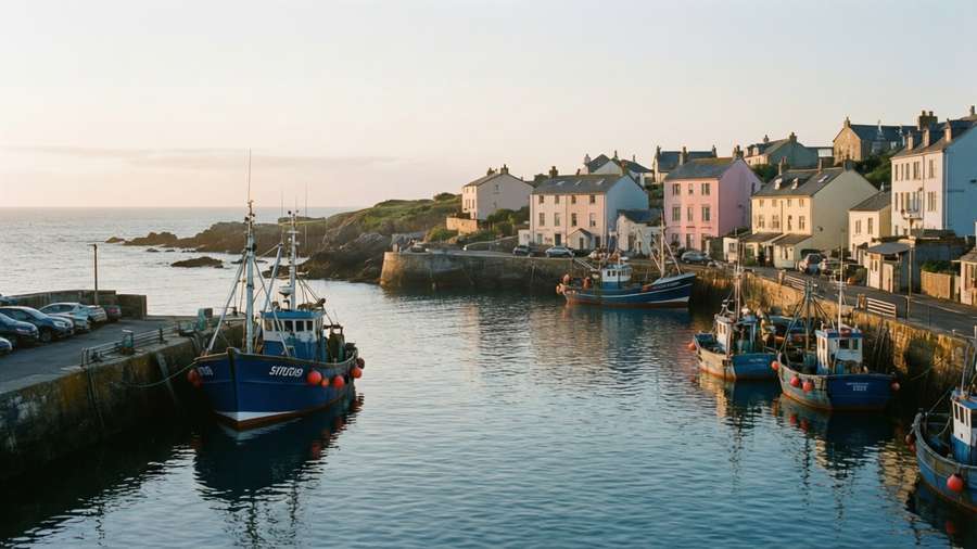 Peaceful seaside village background at dawn in Wit Studio style. — Wit Studio Picture