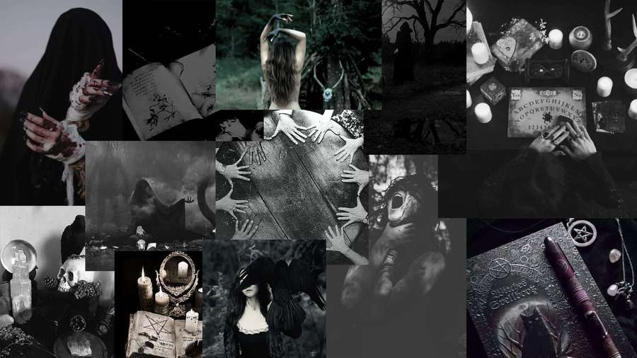 Collage of occult symbols and figures in dark tones with candles and ritual items. — Witch Aesthetic Wallpaper