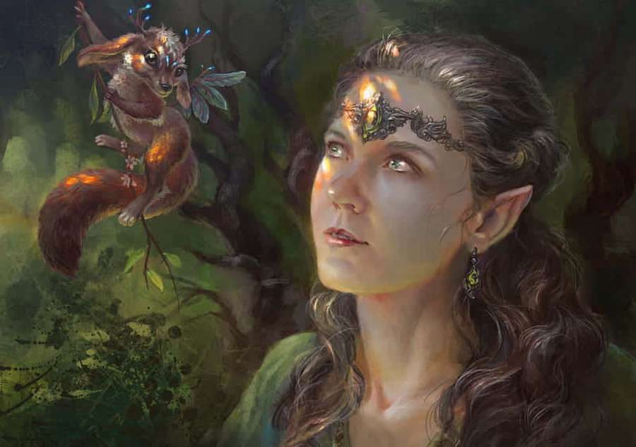 An elf woman with a glowing headband looks up at a winged fox in a forest. — Witch Aesthetic Picture
