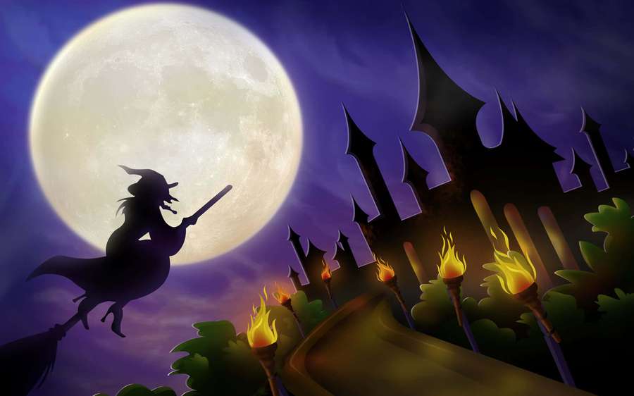 Witch flying on broomstick past spooky castle under full moon with torches. — Witch Background