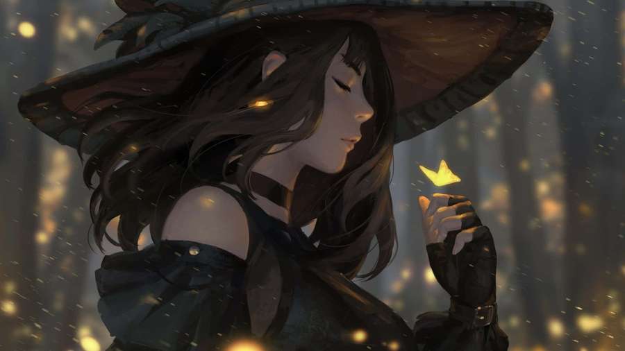 A witch in a forest holding a glowing butterfly with golden lights falling around her. — Witch Picture
