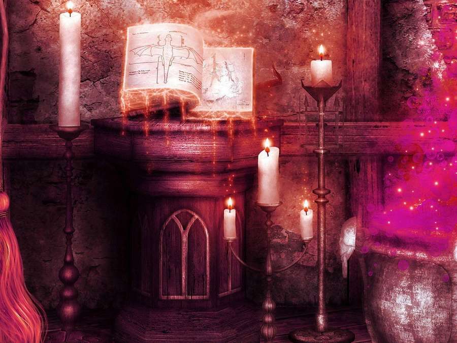 A mystical book glowing on an altar surrounded by lit candles in a stone room. — Witchcraft Background