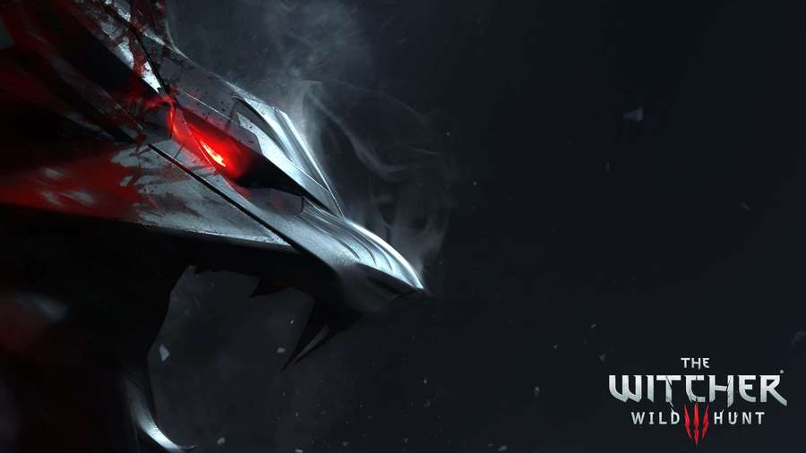A silver dragon with glowing red eyes and blood splatters in dark smoke. — Witcher 3 Background