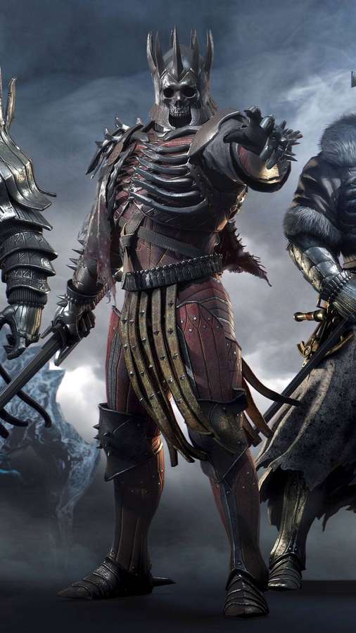 Skelettkrieger in Stachelrüstung mit zwei gepanzerten Begleitern in einer stürmischen Kampfszene. — Witcher 3 Bilder