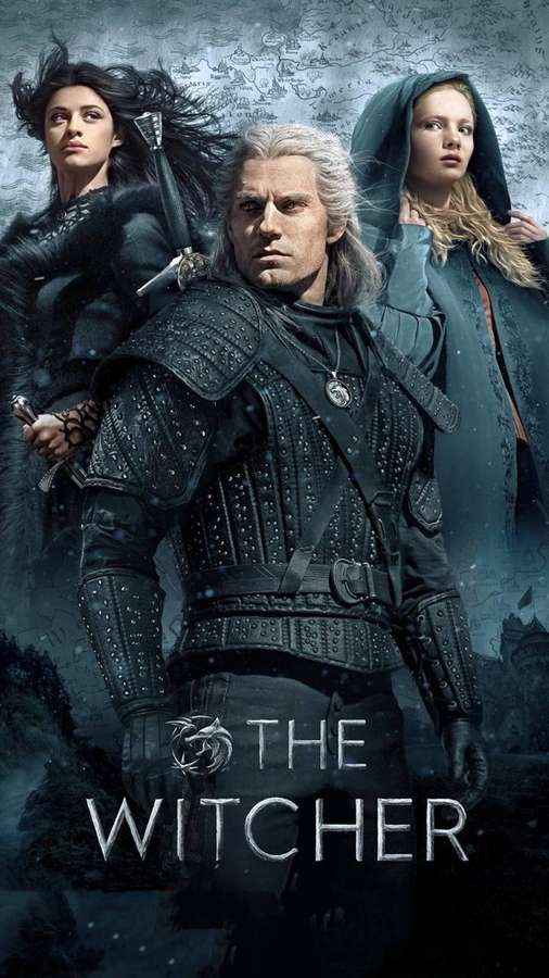 Three characters from The Witcher stand in a snowy, map-themed scene. — Witcher 3 iPhone Wallpaper