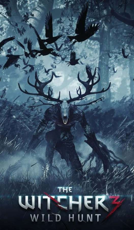 A menacing deer-headed monster with glowing eyes stands in a misty forest as crows fly overhead. — Witcher 3 Phone Wallpaper