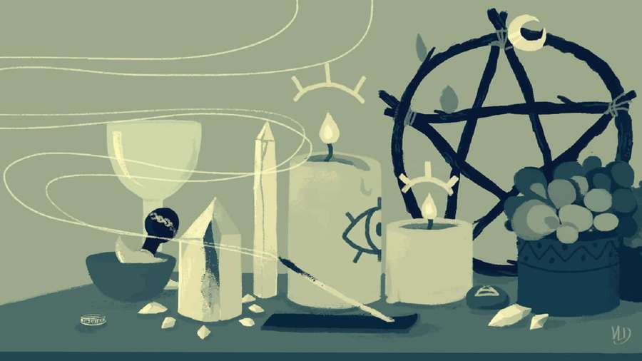 Mystical altar with candles crystals and pentagram in green tones. — Witchy Background