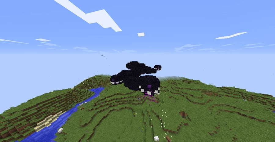 Black Enderman creature in Minecraft landscape with river and sky — Wither Background