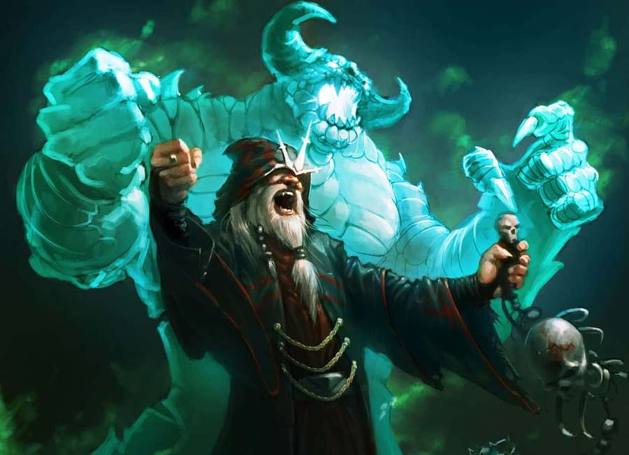 A wizard summons a glowing blue demon with a floating skull in a dark fantasy scene. — Wizard Background