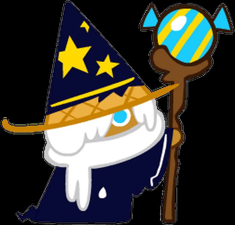 A cartoon wizard wearing an ice cream cone hat and holding a candy cane staff. — Wizard PNG