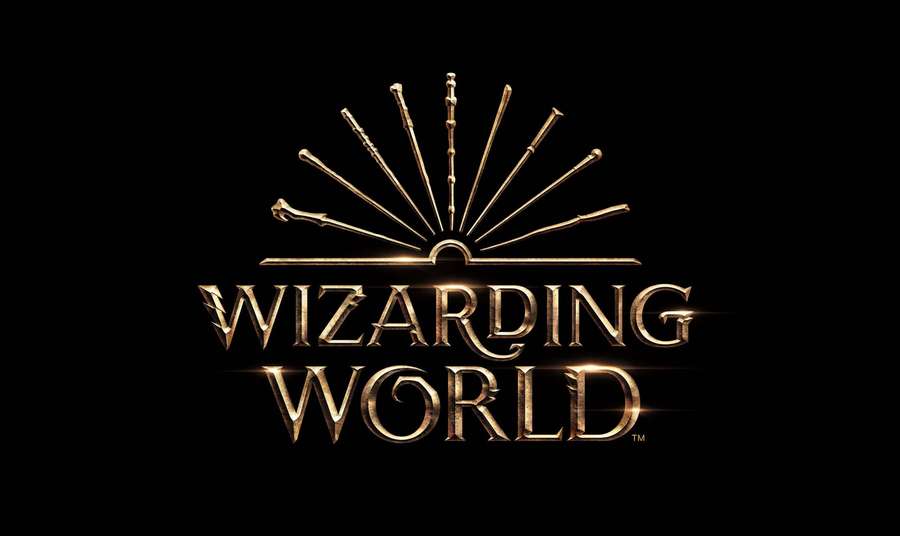 Golden Wizarding World logo with wands radiating from a sunburst on black background. — Wizarding World Wallpaper