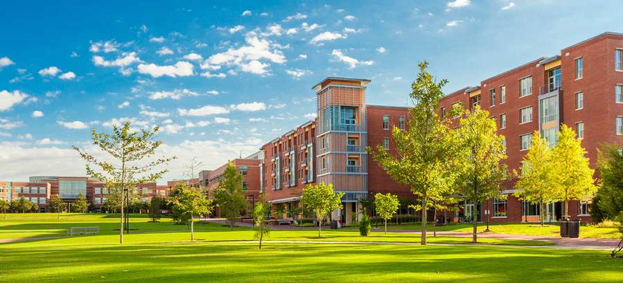 Rote Backsteingebäude der Universität mit grünen Rasenflächen und Bäumen unter einem sonnigen blauen Himmel. — Wohnung Wallpaper