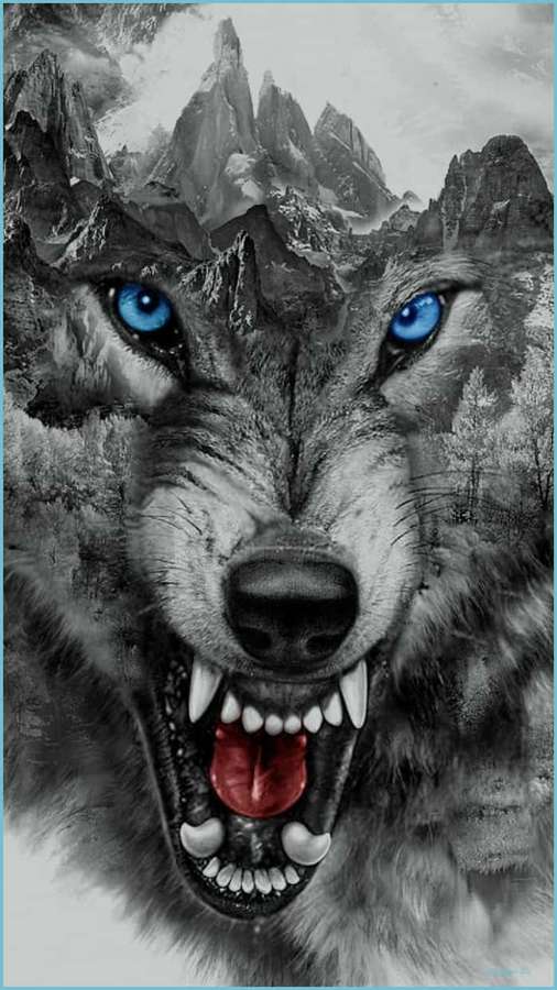En snerrende ulv med gennemtrængende blå øjne sat mod et bjergrigt landskab. — Wolf iPhone Wallpapers